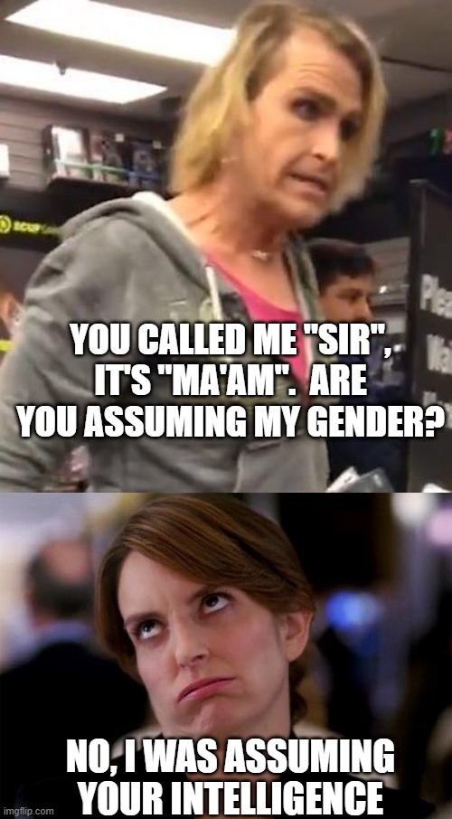 YOU CALLED ME "SIR", IT'S "MA'AM".  ARE YOU ASSUMING MY GENDER? NO, I WAS ASSUMING YOUR INTELLIGENCE | image tagged in eye roll,it's ma am | made w/ Imgflip meme maker