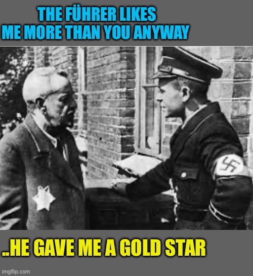 Teachers pet | THE FÜHRER LIKES ME MORE THAN YOU ANYWAY; ..HE GAVE ME A GOLD STAR | image tagged in nazi,jew,star of david,cloth patch,burn,funny | made w/ Imgflip meme maker
