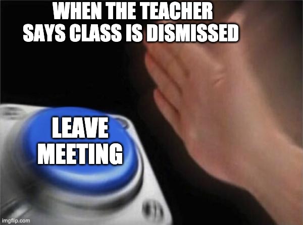 Blank Nut Button | WHEN THE TEACHER SAYS CLASS IS DISMISSED; LEAVE MEETING | image tagged in memes,blank nut button | made w/ Imgflip meme maker