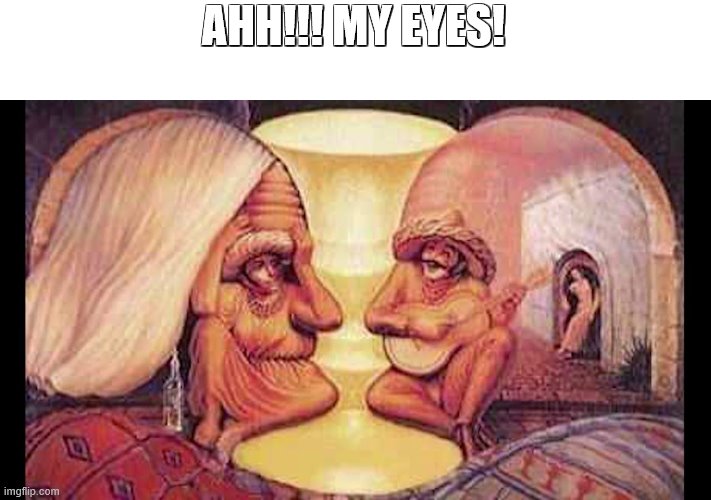 Can you see the vase, the old people faces, and the village at the SAME TIME! It hurts my eyes ): | AHH!!! MY EYES! | image tagged in eyes | made w/ Imgflip meme maker