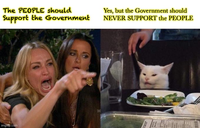 Woman Yelling At Cat | The PEOPLE should Support the Government; Yes, but the Government should 
NEVER SUPPORT the PEOPLE | image tagged in memes,woman yelling at cat | made w/ Imgflip meme maker