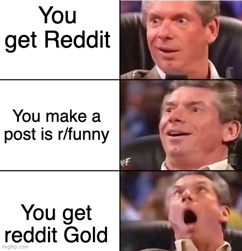 Vince McMahon | You get Reddit; You make a post is r/funny; You get reddit Gold | image tagged in vince mcmahon | made w/ Imgflip meme maker