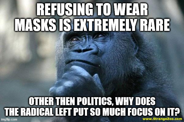 Deep Thoughts | REFUSING TO WEAR MASKS IS EXTREMELY RARE OTHER THEN POLITICS, WHY DOES THE RADICAL LEFT PUT SO MUCH FOCUS ON IT? | image tagged in deep thoughts | made w/ Imgflip meme maker