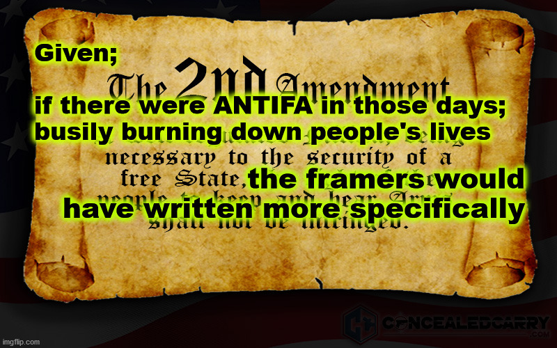 2nd amendment and ANTIFA | Given;
 
if there were ANTIFA in those days;
busily burning down people's lives; the framers would
have written more specifically | image tagged in gun control | made w/ Imgflip meme maker