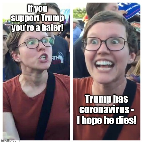 Symptoms of Bipolar Woke Mania | If you support Trump you're a hater! Trump has coronavirus - I hope he dies! | image tagged in triggered hypocrite feminist,snowflakes,woke,liberal hypocrisy,trump derangement syndrome,political humor | made w/ Imgflip meme maker