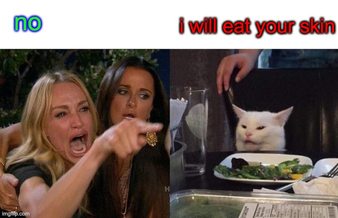 Woman Yelling At Cat | no; i will eat your skin | image tagged in memes,woman yelling at cat | made w/ Imgflip meme maker