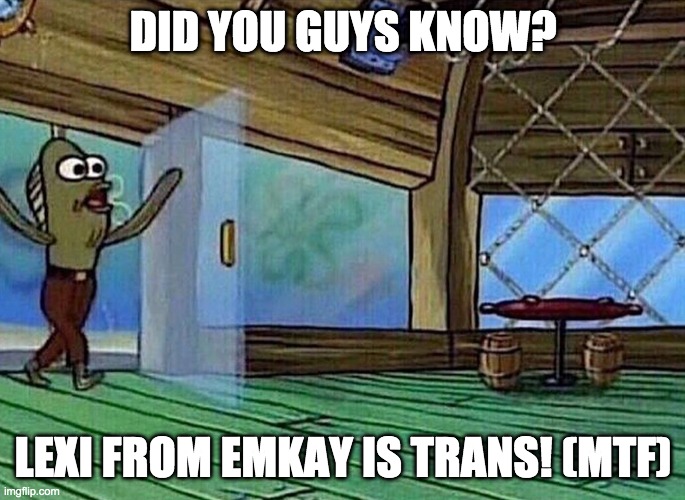 i love emkay. | DID YOU GUYS KNOW? LEXI FROM EMKAY IS TRANS! (MTF) | image tagged in walking in like,transgender | made w/ Imgflip meme maker