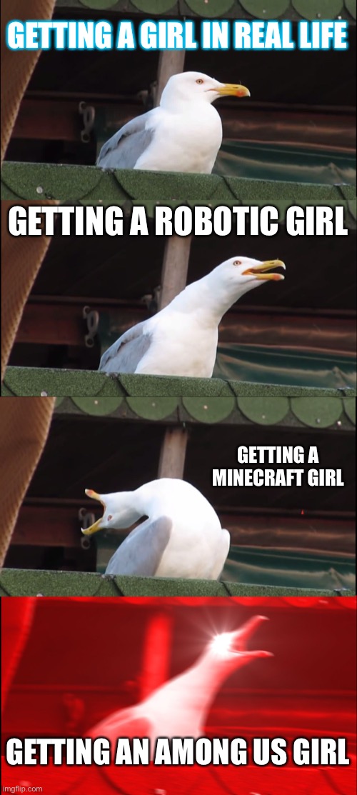 My third one upvote if u like it. plz? | GETTING A GIRL IN REAL LIFE; GETTING A ROBOTIC GIRL; GETTING A MINECRAFT GIRL; GETTING AN AMONG US GIRL | image tagged in memes,inhaling seagull | made w/ Imgflip meme maker