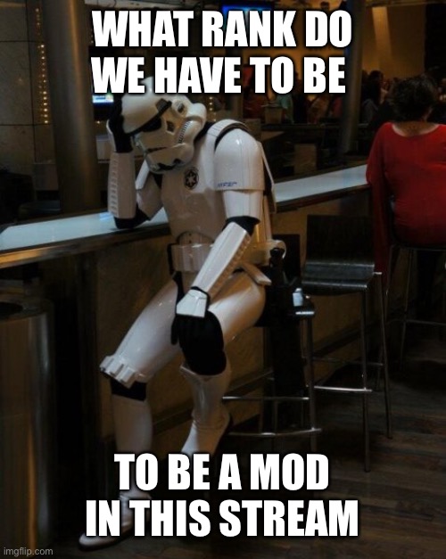 Just wondering | WHAT RANK DO WE HAVE TO BE; TO BE A MOD IN THIS STREAM | image tagged in sad stormtrooper at the bar,memes,question,hmmm,imgflip mods | made w/ Imgflip meme maker