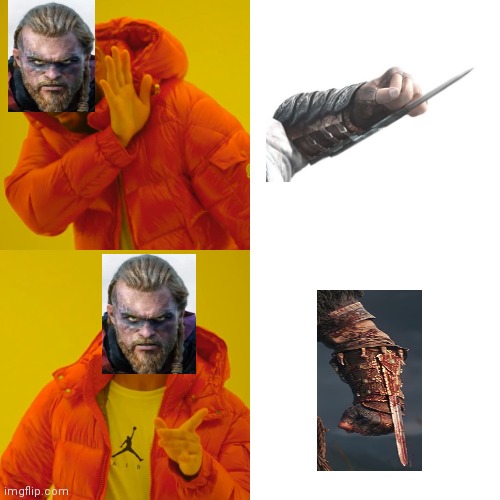 assassins creed valhalla hidden blade | image tagged in memes,drake hotline bling | made w/ Imgflip meme maker