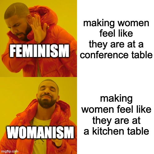 Drake Hotline Bling | making women feel like they are at a conference table; FEMINISM; making women feel like they are at a kitchen table; WOMANISM | image tagged in memes,drake hotline bling | made w/ Imgflip meme maker