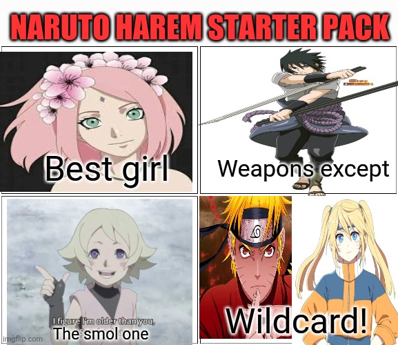 Naruto | NARUTO HAREM STARTER PACK; Best girl; Weapons except; Wildcard! The smol one | image tagged in memes,blank comic panel 2x2,naruto,starter pack,anime harem | made w/ Imgflip meme maker