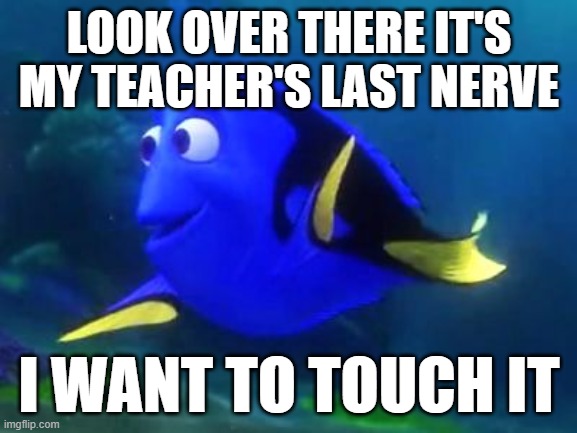 Last nerve | LOOK OVER THERE IT'S MY TEACHER'S LAST NERVE; I WANT TO TOUCH IT | image tagged in finding dory | made w/ Imgflip meme maker