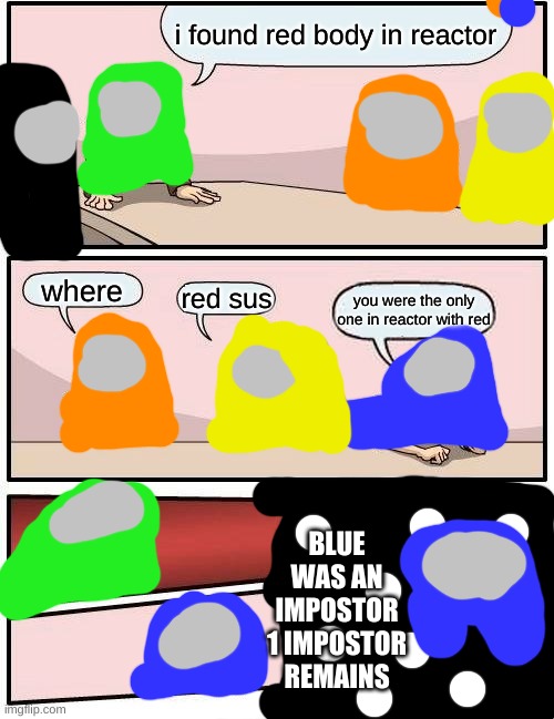 your average meeting | i found red body in reactor; where; red sus; you were the only one in reactor with red; BLUE WAS AN IMPOSTOR
1 IMPOSTOR REMAINS | image tagged in memes,boardroom meeting suggestion,among us | made w/ Imgflip meme maker