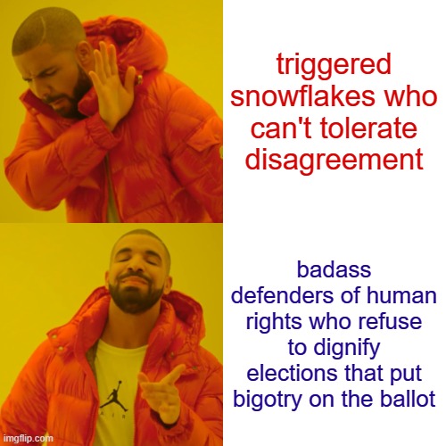 The panel you identify with depends on whether you view human rights debates as equivalent to any other political disagreement | triggered snowflakes who can't tolerate disagreement; badass defenders of human rights who refuse to dignify elections that put bigotry on the ballot | image tagged in memes,drake hotline bling,bigotry,snowflakes,elections,human rights | made w/ Imgflip meme maker