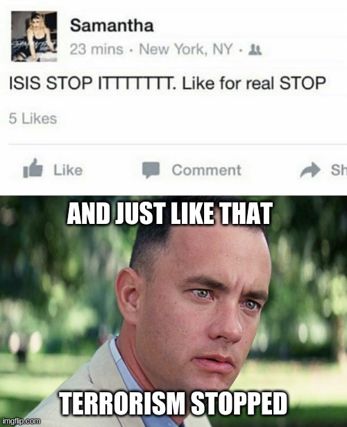 terrorism |  AND JUST LIKE THAT; TERRORISM STOPPED | image tagged in terrorism,isis,obama,bruh moment | made w/ Imgflip meme maker