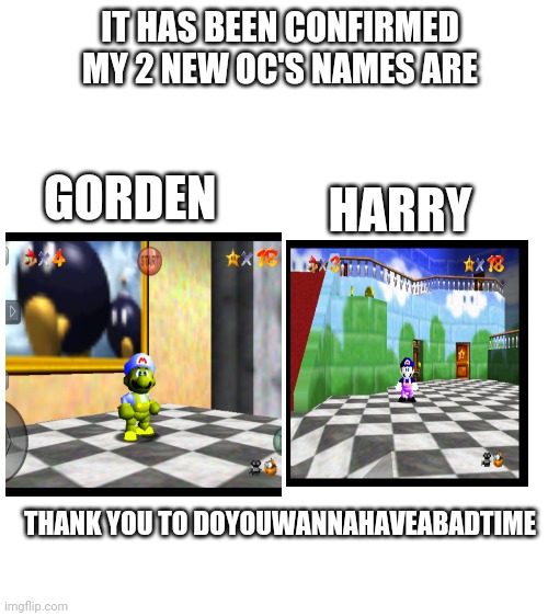 Thx | IT HAS BEEN CONFIRMED MY 2 NEW OC'S NAMES ARE; GORDEN; HARRY; THANK YOU TO DOYOUWANNAHAVEABADTIME | image tagged in blank white template,memes,mario | made w/ Imgflip meme maker