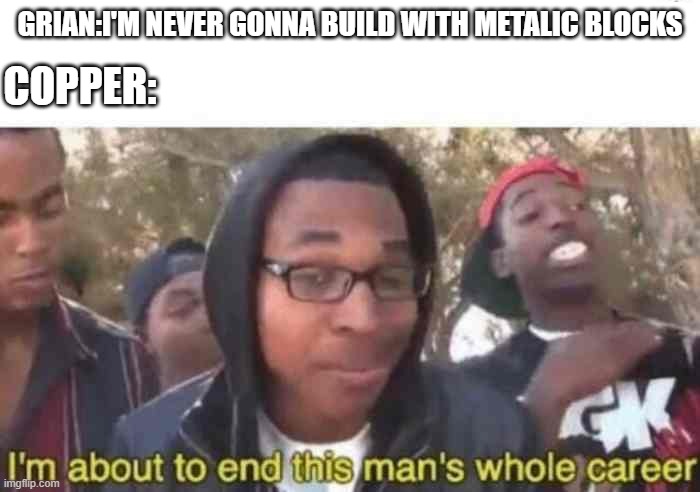 I'm about to end this man's whole career | GRIAN:I'M NEVER GONNA BUILD WITH METALIC BLOCKS; COPPER: | image tagged in i'm about to end this man's whole career | made w/ Imgflip meme maker