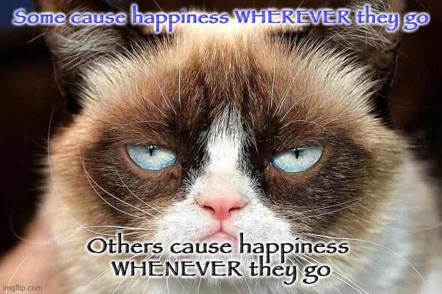 Grumpy Cat Not Amused | Some cause happiness WHEREVER they go; Others cause happiness 
WHENEVER they go | image tagged in memes,grumpy cat not amused,grumpy cat | made w/ Imgflip meme maker