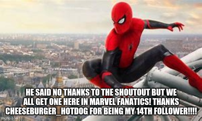 HE SAID NO THANKS TO THE SHOUTOUT BUT WE ALL GET ONE HERE IN MARVEL FANATICS! THANKS CHEESEBURGER_HOTDOG FOR BEING MY 14TH FOLLOWER!!!! | made w/ Imgflip meme maker