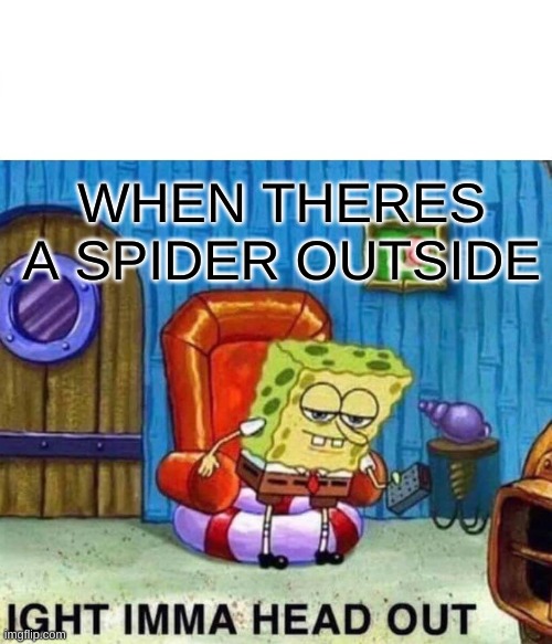 Spongebob Ight Imma Head Out | WHEN THERES A SPIDER OUTSIDE | image tagged in memes,spongebob ight imma head out | made w/ Imgflip meme maker