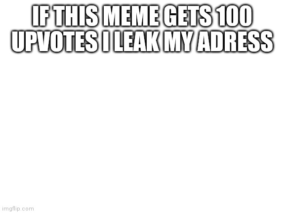 Yes i will | IF THIS MEME GETS 100 UPVOTES I LEAK MY ADRESS | image tagged in blank white template,ubvote,now | made w/ Imgflip meme maker