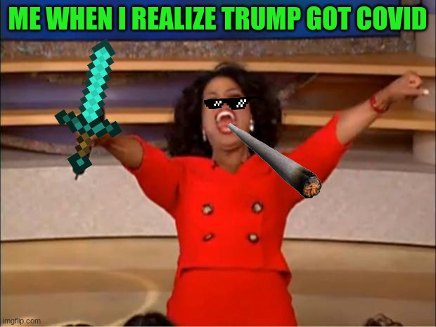 ME WHEN TRUMP GUT COVID 19 | ME WHEN I REALIZE TRUMP GOT COVID | image tagged in memes,oprah you get a | made w/ Imgflip meme maker