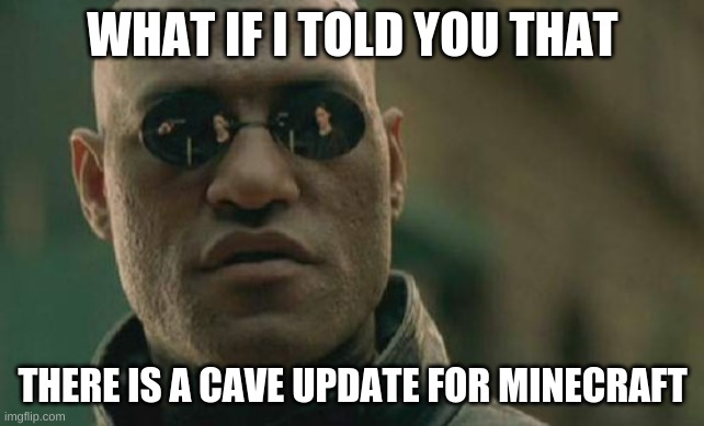 true | WHAT IF I TOLD YOU THAT; THERE IS A CAVE UPDATE FOR MINECRAFT | image tagged in memes,matrix morpheus | made w/ Imgflip meme maker