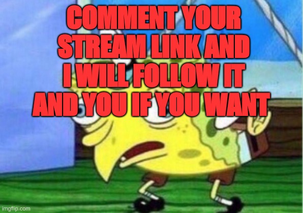 Mocking Spongebob | COMMENT YOUR STREAM LINK AND I WILL FOLLOW IT AND YOU IF YOU WANT | image tagged in memes,mocking spongebob | made w/ Imgflip meme maker