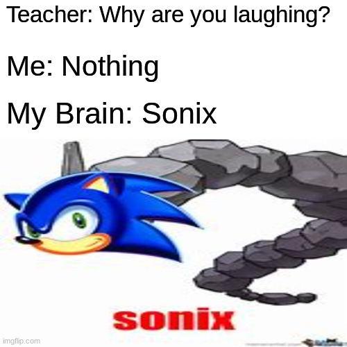 Haha Sonix go brrrr | Teacher: Why are you laughing? Me: Nothing; My Brain: Sonix | image tagged in memes | made w/ Imgflip meme maker