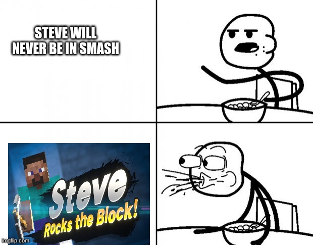 cereal | STEVE WILL NEVER BE IN SMASH | image tagged in cereal | made w/ Imgflip meme maker