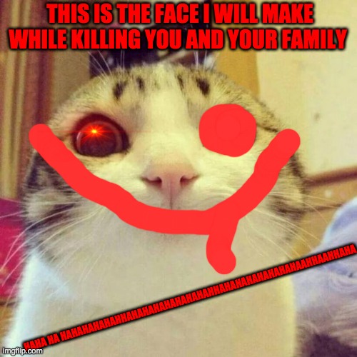 Smiling Cat | THIS IS THE FACE I WILL MAKE WHILE KILLING YOU AND YOUR FAMILY; HAHA HA HAHAHAHAHAHHAHAHAHAHAHAHAHAHHAHAHAHAHAHAHAHAAHHAAHHAHA | image tagged in memes,smiling cat | made w/ Imgflip meme maker