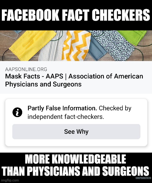 Facebook Fact Checkers | FACEBOOK FACT CHECKERS; MORE KNOWLEDGEABLE THAN PHYSICIANS AND SURGEONS; SHEPARD2020 | image tagged in facebook,facts,fact check | made w/ Imgflip meme maker