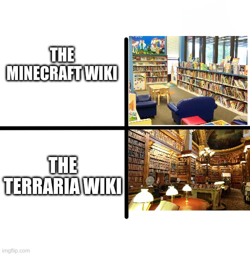 Terraria Vs Minecraft Wiki | THE MINECRAFT WIKI; THE TERRARIA WIKI | image tagged in memes,blank starter pack | made w/ Imgflip meme maker