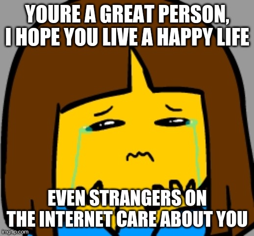 Super Sad Frisk | YOURE A GREAT PERSON, I HOPE YOU LIVE A HAPPY LIFE EVEN STRANGERS ON THE INTERNET CARE ABOUT YOU | image tagged in super sad frisk | made w/ Imgflip meme maker