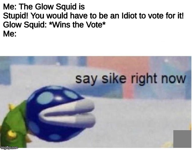 #snownotglow | Me: The Glow Squid is Stupid! You would have to be an Idiot to vote for it!
Glow Squid: *Wins the Vote*
Me: | image tagged in say sike right now | made w/ Imgflip meme maker