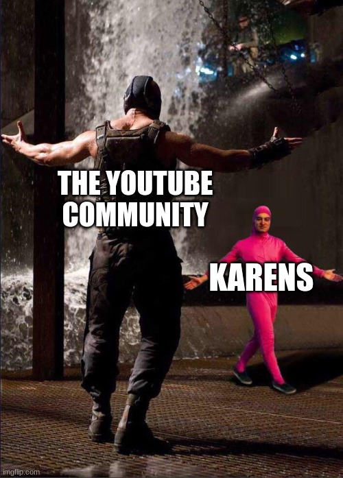 Pink Guy vs Bane | THE YOUTUBE COMMUNITY; KARENS | image tagged in pink guy vs bane | made w/ Imgflip meme maker