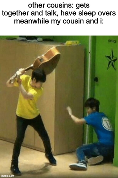 Guitar attack | other cousins: gets together and talk, have sleep overs
meanwhile my cousin and i: | image tagged in guitar attack | made w/ Imgflip meme maker
