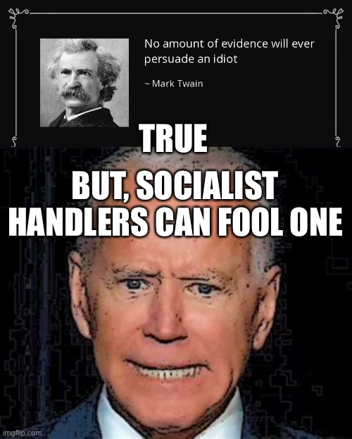 No Fool like an old Fool | TRUE; BUT, SOCIALIST HANDLERS CAN FOOL ONE | image tagged in mark twain,biden,socialist | made w/ Imgflip meme maker
