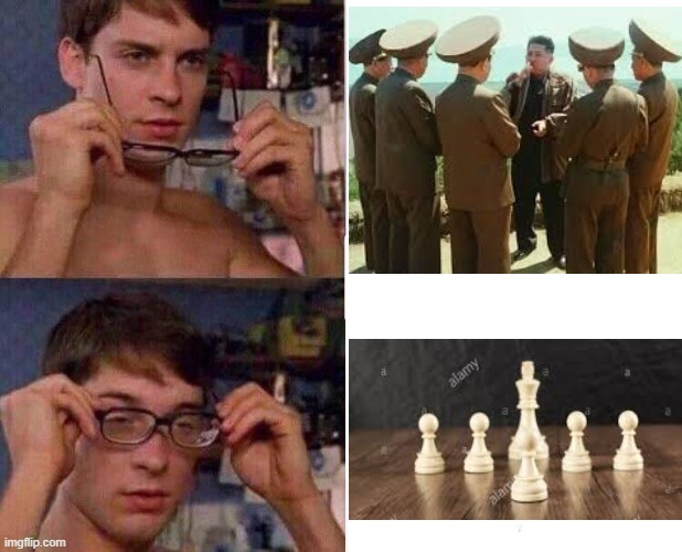 North Korea with the weird pawn hats | image tagged in spiderman glasses,chess,kim jong un | made w/ Imgflip meme maker