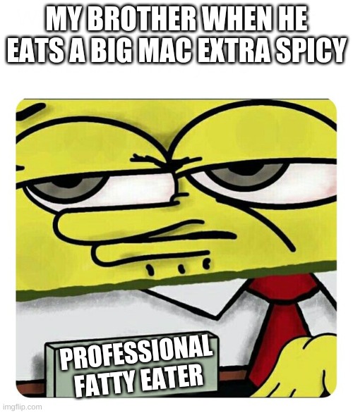 take a diet, F A T T Y | MY BROTHER WHEN HE EATS A BIG MAC EXTRA SPICY; PROFESSIONAL FATTY EATER | image tagged in spongebob name tag | made w/ Imgflip meme maker