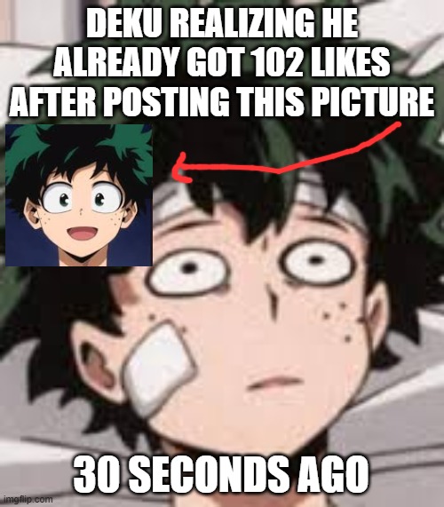 This would happen tho | DEKU REALIZING HE ALREADY GOT 102 LIKES AFTER POSTING THIS PICTURE; 30 SECONDS AGO | image tagged in deku | made w/ Imgflip meme maker