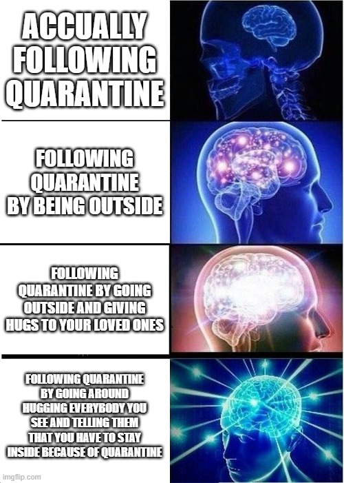 Expanding Brain | ACCUALLY FOLLOWING QUARANTINE; FOLLOWING QUARANTINE BY BEING OUTSIDE; FOLLOWING QUARANTINE BY GOING OUTSIDE AND GIVING HUGS TO YOUR LOVED ONES; FOLLOWING QUARANTINE BY GOING AROUND HUGGING EVERYBODY YOU SEE AND TELLING THEM THAT YOU HAVE TO STAY INSIDE BECAUSE OF QUARANTINE | image tagged in memes,expanding brain | made w/ Imgflip meme maker