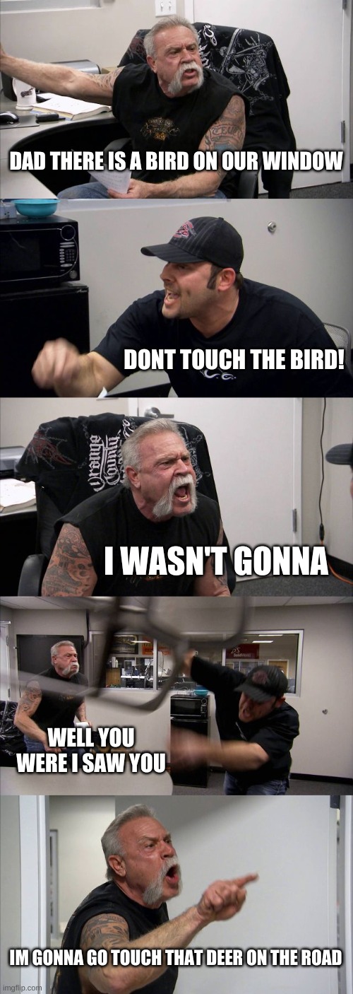 The Bird On The Window | DAD THERE IS A BIRD ON OUR WINDOW; DONT TOUCH THE BIRD! I WASN'T GONNA; WELL YOU WERE I SAW YOU; IM GONNA GO TOUCH THAT DEER ON THE ROAD | image tagged in memes,american chopper argument | made w/ Imgflip meme maker