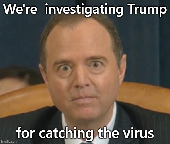 Another stupid investigation | We're  investigating Trump; for catching the virus | image tagged in crazy adam schiff | made w/ Imgflip meme maker