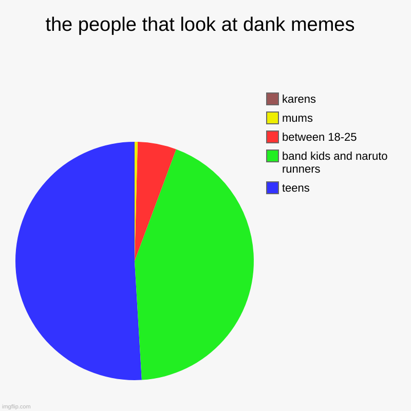 the people that look at dank memes  | teens , band kids and naruto runners , between 18-25, mums , karens | image tagged in charts,pie charts | made w/ Imgflip chart maker