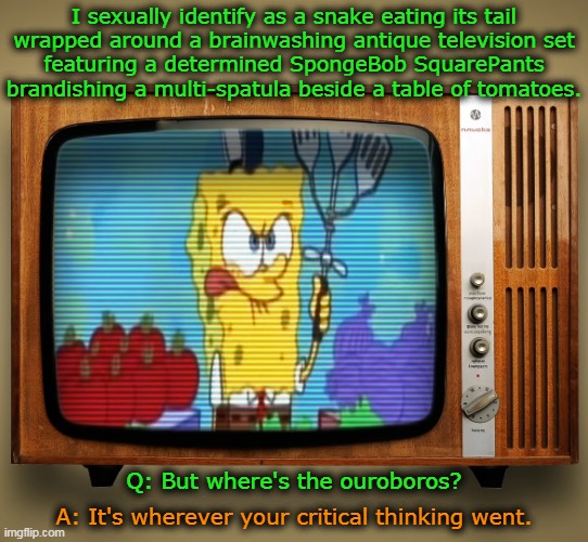 I sexually identify as... | I sexually identify as a snake eating its tail
wrapped around a brainwashing antique television set
featuring a determined SpongeBob SquarePants
brandishing a multi-spatula beside a table of tomatoes. Q: But where's the ouroboros? A: It's wherever your critical thinking went. | image tagged in spongebob squarepants,ouroboros,critical thinking,spatula,television,brainwashing | made w/ Imgflip meme maker