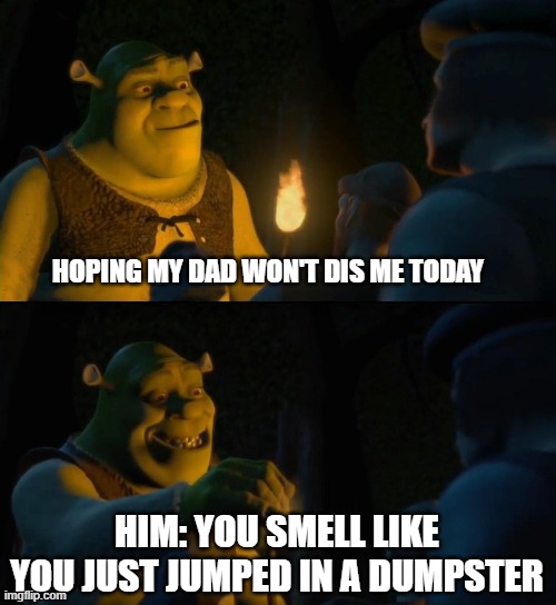 Shrek puts out torch | HOPING MY DAD WON'T DIS ME TODAY; HIM: YOU SMELL LIKE YOU JUST JUMPED IN A DUMPSTER | image tagged in shrek puts out torch | made w/ Imgflip meme maker