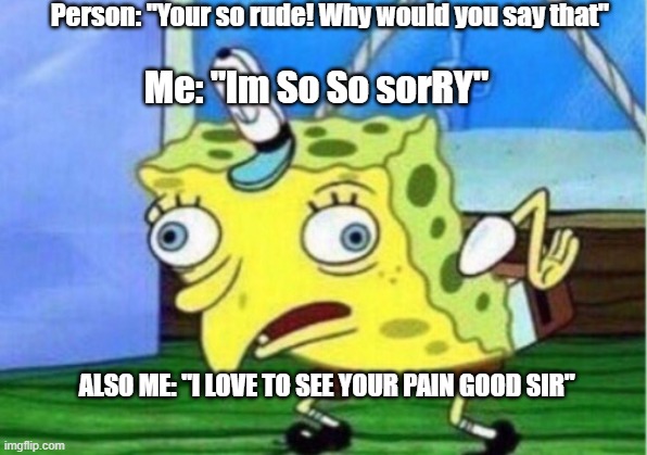 Idk i just made it | Person: "Your so rude! Why would you say that"; Me: "Im So So sorRY"; ALSO ME: "I LOVE TO SEE YOUR PAIN GOOD SIR" | image tagged in memes,mocking spongebob | made w/ Imgflip meme maker