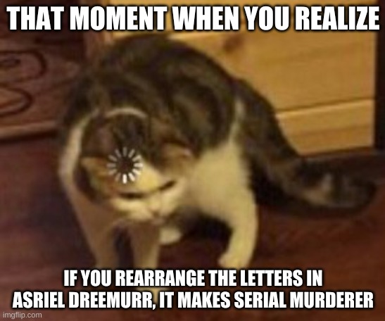 wow | THAT MOMENT WHEN YOU REALIZE; IF YOU REARRANGE THE LETTERS IN ASRIEL DREEMURR, IT MAKES SERIAL MURDERER | image tagged in loading cat | made w/ Imgflip meme maker